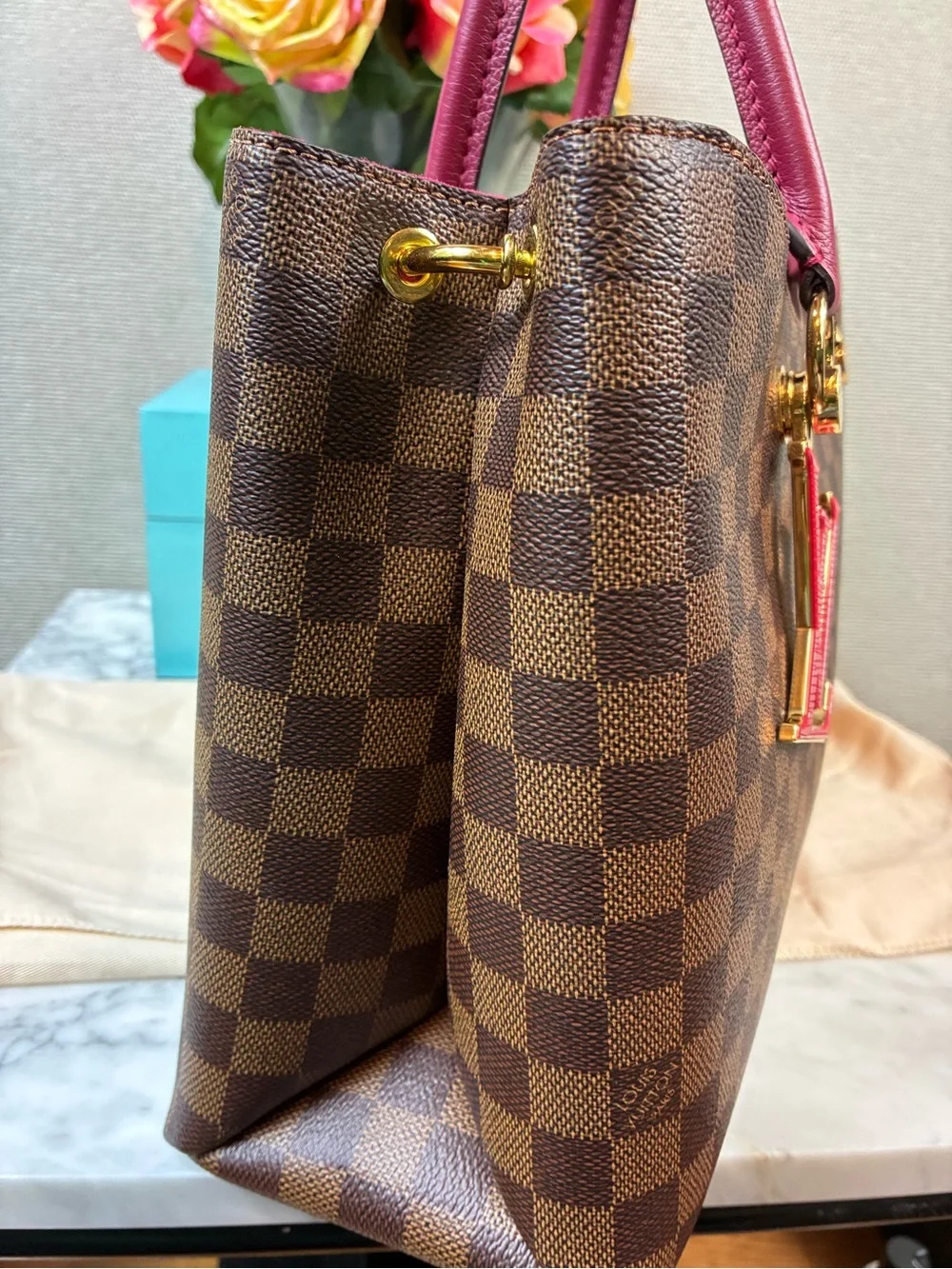 Louis Vuitton LV Damier Ebene Riverside Tote w/ Magenta Leather & LV Charm - NWT